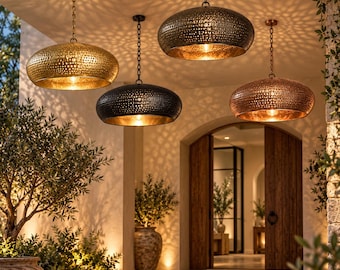 Handcrafted Moroccan Brass Pendant Light – Hammered Metal Hanging Ceiling Lamp in Gold, Bronze, Black, Silver or Copper Finish