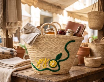 Handwoven Moroccan Palm Leaf Basket with Lemon Embroidery