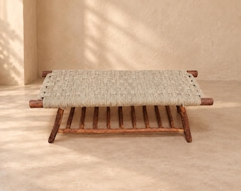Handcrafted Moroccan Wooden Bench with Natural Woven Fiber Seat and Lower Storage Rack