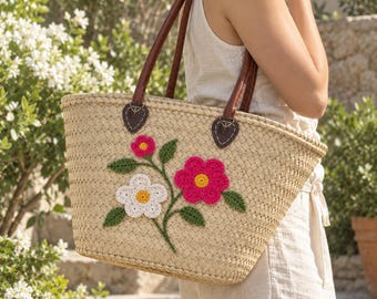 Moroccan Straw Basket, Crochet Flower Tote, Handwoven Palm Leaf Bag, Leather Handle Beach & Market Basket
