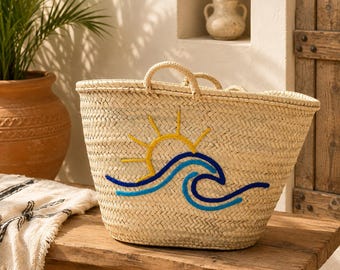Handwoven Moroccan Palm Leaf Basket with Blue Personalized Embroidery