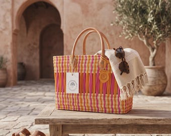 Handwoven Colorful Market Basket with Leather Handles | Handmade Woven Tote Bag | Boho Home & Beach Basket