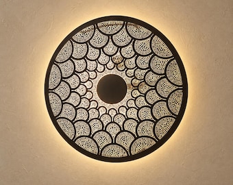 Handcrafted Moroccan Round Brass Wall Light – Pierced Metal Sconce with Warm Decorative Shadow Pattern