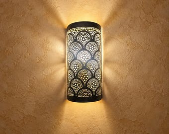 Handcrafted Moroccan Brass Wall Sconce – Pierced Metal Wall Light with Decorative Shadow Patterns, 5 Color Options