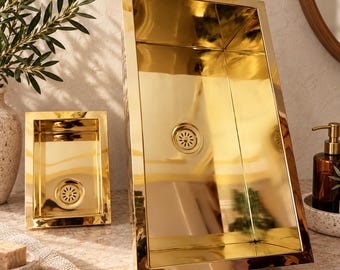 Handcrafted Polished Brass Rectangular Bathroom Sink – Moroccan Artisan Vessel Basin, Luxury Handmade Washbasin, Elegant Gold Metal Sink