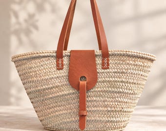 Straw Market Basket, Moroccan Handwoven Tote, Leather Handle Beach Bag, Natural Woven Basket