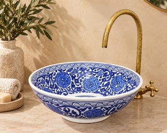 Hand-Painted Moroccan Blue & White Ceramic Vessel Sink – Artisan Floral Wash Basin