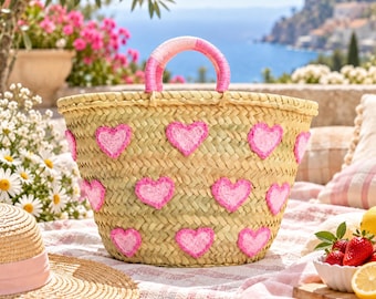 Heart Straw Basket, Moroccan Handwoven Tote, Blue Heart Palm Leaf Bag, Small Beach & Market Basket
