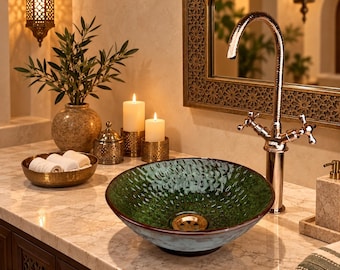 Handcrafted Green Ceramic Vessel Sink with Copper Faucet