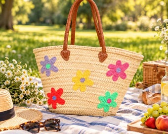 Moroccan Straw Basket, Floral Handwoven Tote, Palm Leaf Market Bag, Colorful Flower Beach Basket
