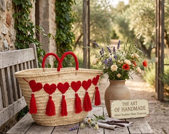 Handwoven Moroccan Palm Leaf Basket with Red Hearts & Tassels