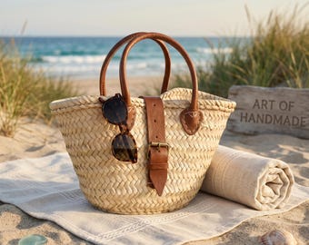 Moroccan Straw Bag, Beach Basket Tote, Handmade Palm Leaf Bag with Leather Handles & Closure