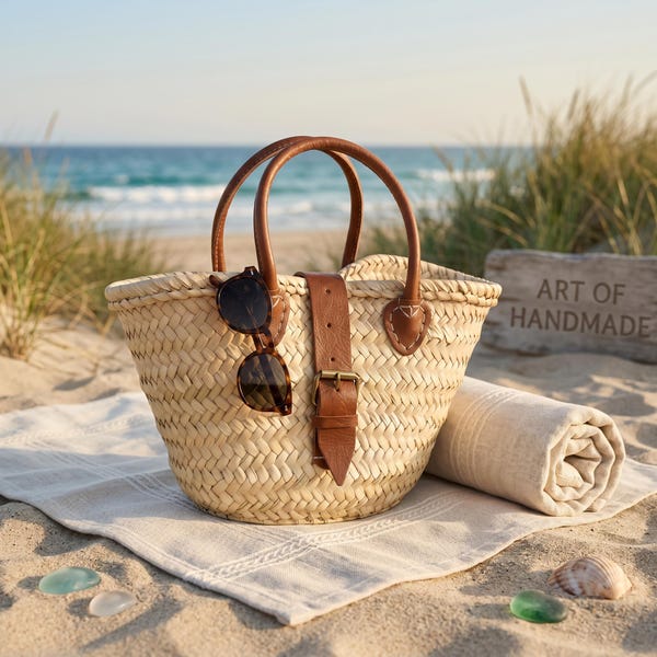 Moroccan Straw Bag, Beach Basket Tote, Handmade Palm Leaf Bag with Leather Handles & Closure