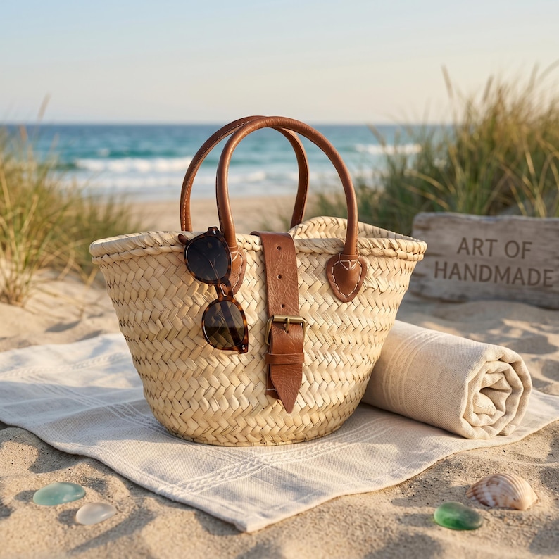 May include: A woven straw basket bag featuring two brown leather handles and a central brown leather strap with a brass buckle closure. A pair of dark-rimmed sunglasses hangs from one handle, and a rolled beige fabric cloth sits beside the bag.