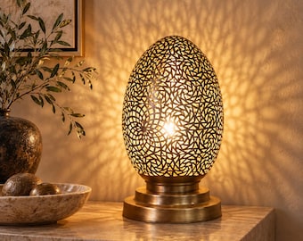 Moroccan Brass Table Lamp, Handmade Pierced Lantern, Boho Bedside Light, Oval Accent Lamp, 4 Sizes, Moroccan Decor