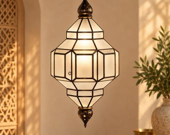 Handcrafted Moroccan Brass & Glass Pendant Light – Geometric Lantern with Transparent Glass, 3 Sizes