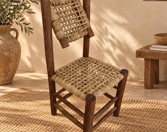 Handcrafted Moroccan Woven Rope Dining Chair with Rustic Wooden Frame