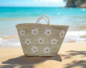 Large Beach Basket with Emroidered Handles -Handwoven Moroccan Straw Tote Bag |Boho Summer Handbag |Market Shopping Purse| Eco Friendly Gift