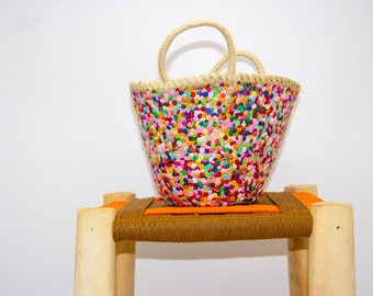 Multicolored Small Basket For Kids, Eco-Friendly Sequin Basket, Home Decor Basket,Small Sequin Straw Basket, Sequin Purse, Colorful Planter