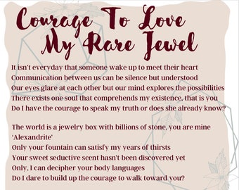 Puede incluir: Una impresión rectangular beige con el título en rojo oscuro Courage To Love My Rare Jewel seguido de un poema sobre el amor y la conexión. El fondo incluye líneas geométricas tenues y bocetos florales, terminando con la firma James S.