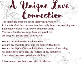 Puede incluir: Una impresión rectangular blanca con el título A Unique Love Connection en granate oscuro en una fuente cursiva decorativa. El texto está rodeado por ilustraciones de líneas gris claro de lirios. El poema está escrito en granate oscuro.