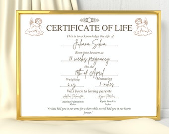 May include: A gold-framed Certificate of Life document featuring brown text and illustrations of two cherubs on clouds. The text includes the name Juliana Silva, 15 weeks pregnancy, 17th of April, 6 oz, 3 inches, and the names Adeline Palmerston and Kyrie Petrakis.