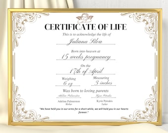 May include: A Certificate of Life document in a gold frame featuring a cherub illustration, ornate corner borders, and text including the name Juliana Silva, 15 weeks pregnancy, 17th of April, 6 oz, 3 inches, parents Adeline Palmerston and Kyrie Petrakis.