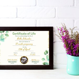 May include: A dark brown framed Certificate of Life document featuring green eucalyptus leaves, gold accents, and text including Bella Iskandar, 15 weeks pregnancy, 17th of April, 6 oz, 3 inches, Ridho Fatahilah, and Afif Alyamani with a sonogram image.
