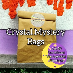 May include: A brown paper bag with a sticker that says "Crystal Mystery Bag" and a smaller sticker that says "1 in 10 Is a winner For a greater Gemstone". The bag is sitting on a purple and white surface.