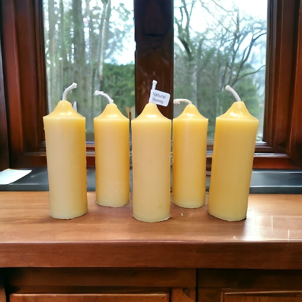 100% all natural pure beeswax pillar candle yellow cylinder votive prayer candle 5 inch tall ~ 10 hour clean burn handmade in Northeast Ohio