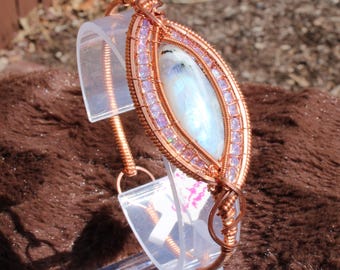 Rainbow Moonstone Copper Bracelet with CZ | Wire Wrapped Moonstone Bracelet | Handmade Crystal Jewelry