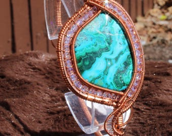 Chrysocolla Malachite Copper Bracelet with CZ | Wire Wrapped Crystal Bracelet | Handmade Blue Green Gemstone Jewelry