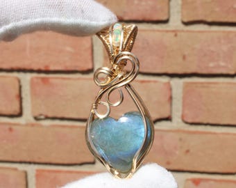Blue Flash Labradorite Heart & Ethiopian Opal Pendant | 14k Gold Filled Wire Wrapped Necklace | Handmade Crystal Jewelry