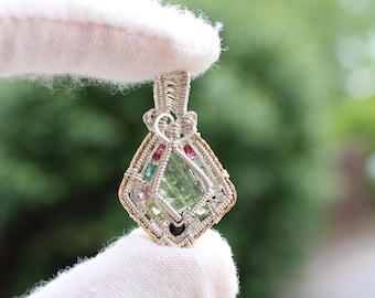 Handmade Moldavite & Tourmaline Pendant – Sterling Silver Crystal Necklace – Raw Gemstone Jewelry – Boho Spiritual Gift