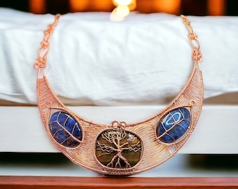 Handmade Copper Wire Wrap Choker: Sodalite, Tiger's Eye Tree of Life