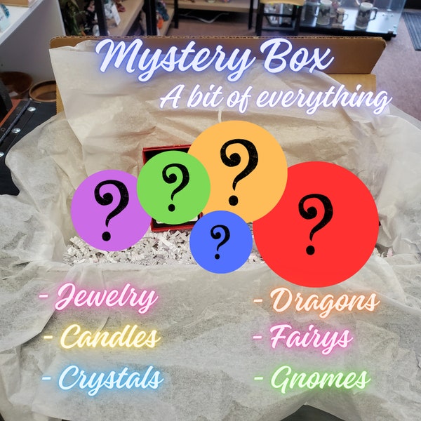 Mystery Box filled with handmade candles, jewelry, crystals, figurines, dragons, fairy, and gnomes  Great self-love gift for you or friends