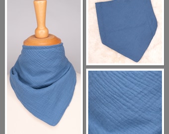 Driehoekige sjaal, halssjaal, spuugdoekje met vochtbescherming, jeansblauw (mousseline), maat verstelbaar met drukknopen
