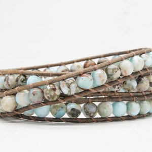 Larimar Beaded Leather Wrap Bracelet, Wrap Bracelet, Leather Wrap Bracelet, Beaded Wrap Bracelet, Beaded Leather Bracelet