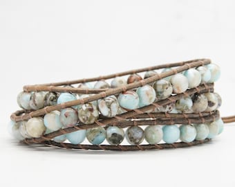 Larimar Beaded Leather Wrap Bracelet, Wrap Bracelet, Leather Wrap Bracelet, Beaded Wrap Bracelet, Beaded Leather Bracelet