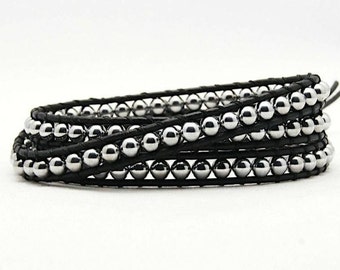 Silber Hämatit Perlen schwarz Leder Wickelarmband