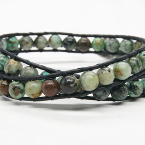African Turquoise Beaded Leather Wrap Bracelet, Beaded Wrap Bracelet, Wrap Bracelet, Leather Wrap Bracelet