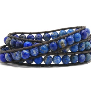 Blue Lapis Wrap Bracelet, Leather Wrap Bracelet, Beaded Leather Bracelet