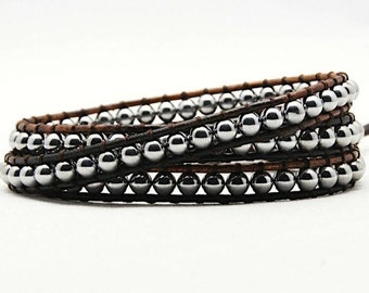 Hämatit Perlen Leder Wickelarmband, Leder Wickelarmband, Wickelarmband, Leder Wickelarmband, Lederarmband