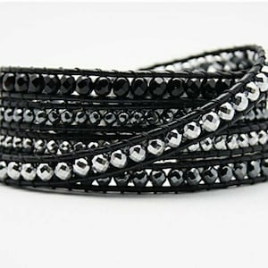 Black Wrap Bracelet, Leather Beaded Wrap Bracelet, Leather Wrap Bracelet, Beaded Wrap Bracelet