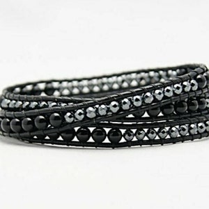 Black Wrap Bracelet, Leather Beaded Wrap Bracelet, Leather Wrap Bracelet, Beaded Wrap Bracelet