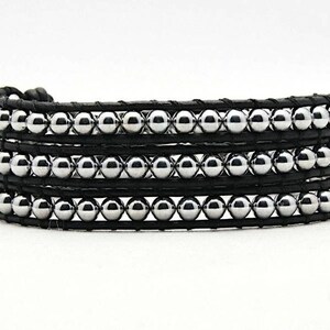 Silver & Black Wrap Bracelet, Wrap Bracelet, Leather Beaded Wrap Bracelet, Leather Wrap Bracelet, Beaded Wrap Bracelet