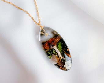 Real Mushroom Fern Terrarium Necklace, Goblincore Witchcraft Fairy Jewelry, Cottagecore Woodland Forest Necklace,