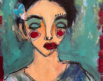 They Called Her Bluebell, 9x12, Original Art, Original Painting, Mixed Media, Abstract, Portrait, Colorful Art, Art on Paper