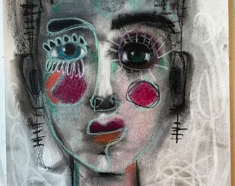 Annie Amplified, 9x12, Original Art, Original Painting, Mixed Media, Abstract, Portrait, Colorful Art, Art on Paper