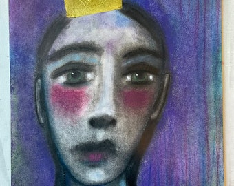 Her Royal Wistfulness, 9x12, Chalk Pastels, Original Art, Original Painting, Mixed Media, Abstract, Portrait, Colorful Art, Art on Paper